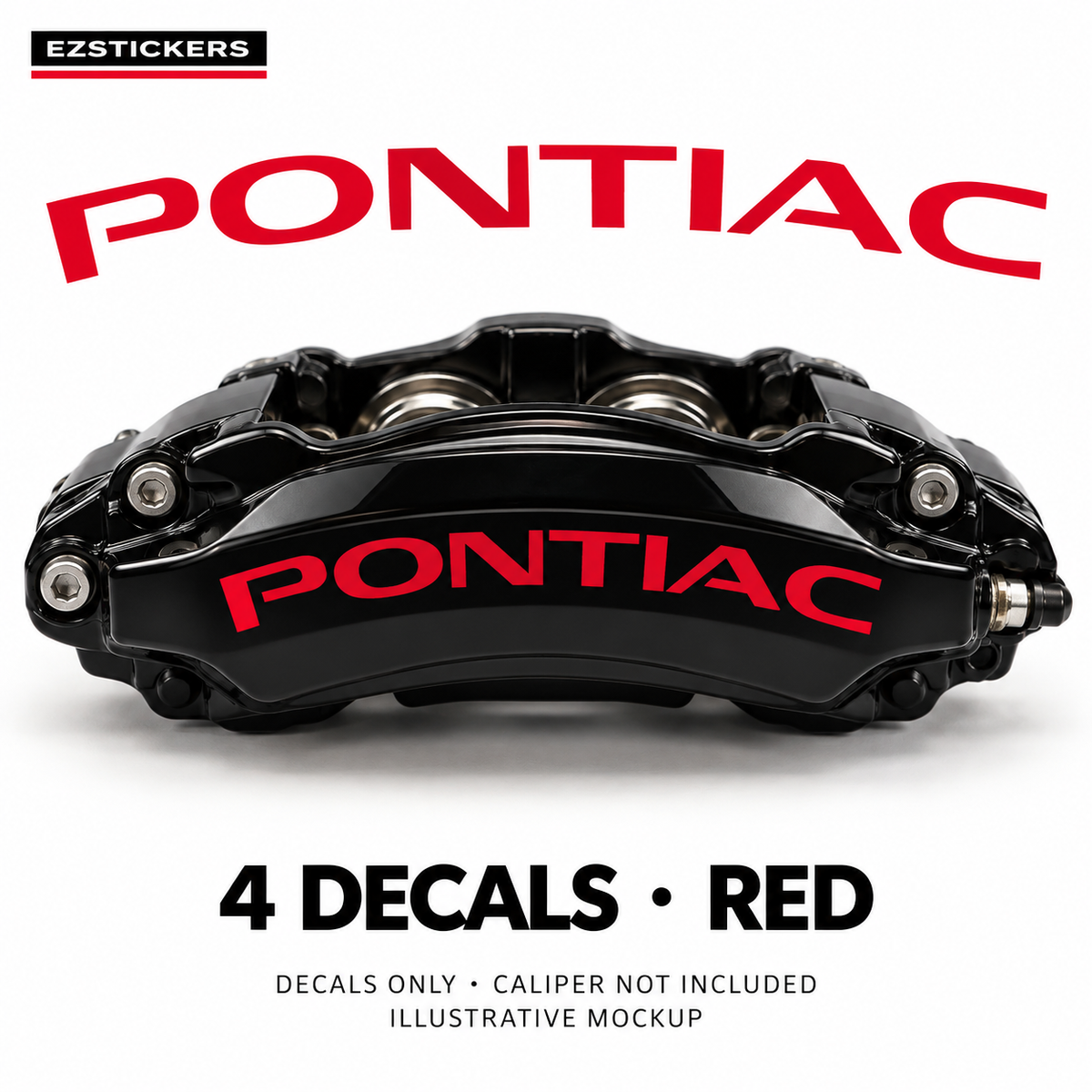 EZSTICKERS illustrative caliper mockup for Pontiac curved caliper decals — Red, showing referenced manufacturer/model lettering in Red; decals only, caliper not included.
