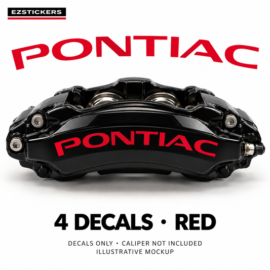 EZSTICKERS illustrative caliper mockup for Pontiac curved caliper decals — Red, showing referenced manufacturer/model lettering in Red; decals only, caliper not included.