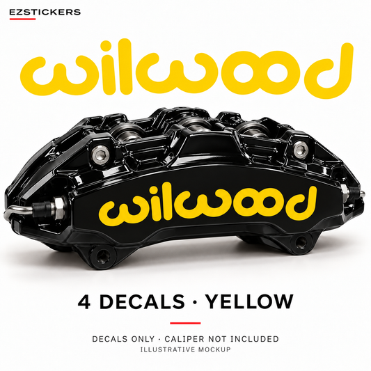 EZSTICKERS illustrative caliper mockup for Wilwood caliper decals — Yellow, showing referenced manufacturer/model lettering in Yellow; decals only, caliper not included.