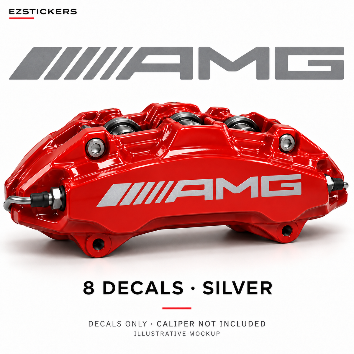 EZSTICKERS illustrative caliper mockup for AMG Combo caliper decals — Silver, showing the referenced manufacturer/model lettering in Silver; decals only, caliper not included.