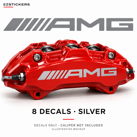 EZSTICKERS illustrative caliper mockup for AMG Combo caliper decals — Silver, showing the referenced manufacturer/model lettering in Silver; decals only, caliper not included.