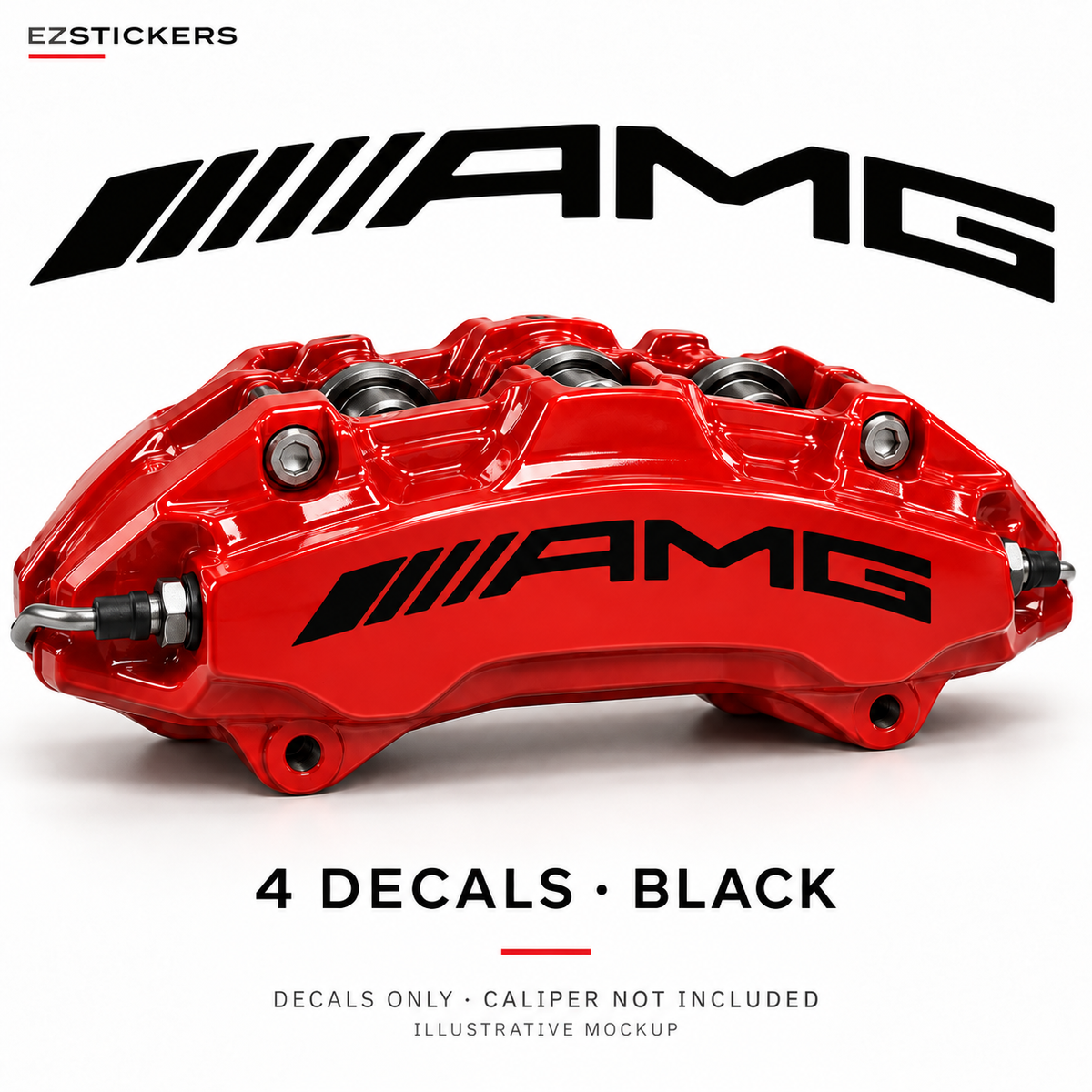 EZSTICKERS illustrative caliper mockup for AMG Curve curved — 4.5 / 5-inch reference format caliper decals — Black, showing the referenced manufacturer/model lettering in Black; decals only, caliper not included.