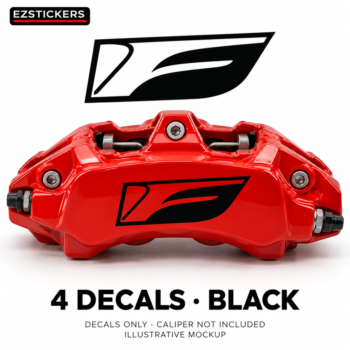 EZSTICKERS illustrative caliper mockup for F Sport Logo caliper decals — Black, showing referenced manufacturer/model lettering in Black; decals only, caliper not included.