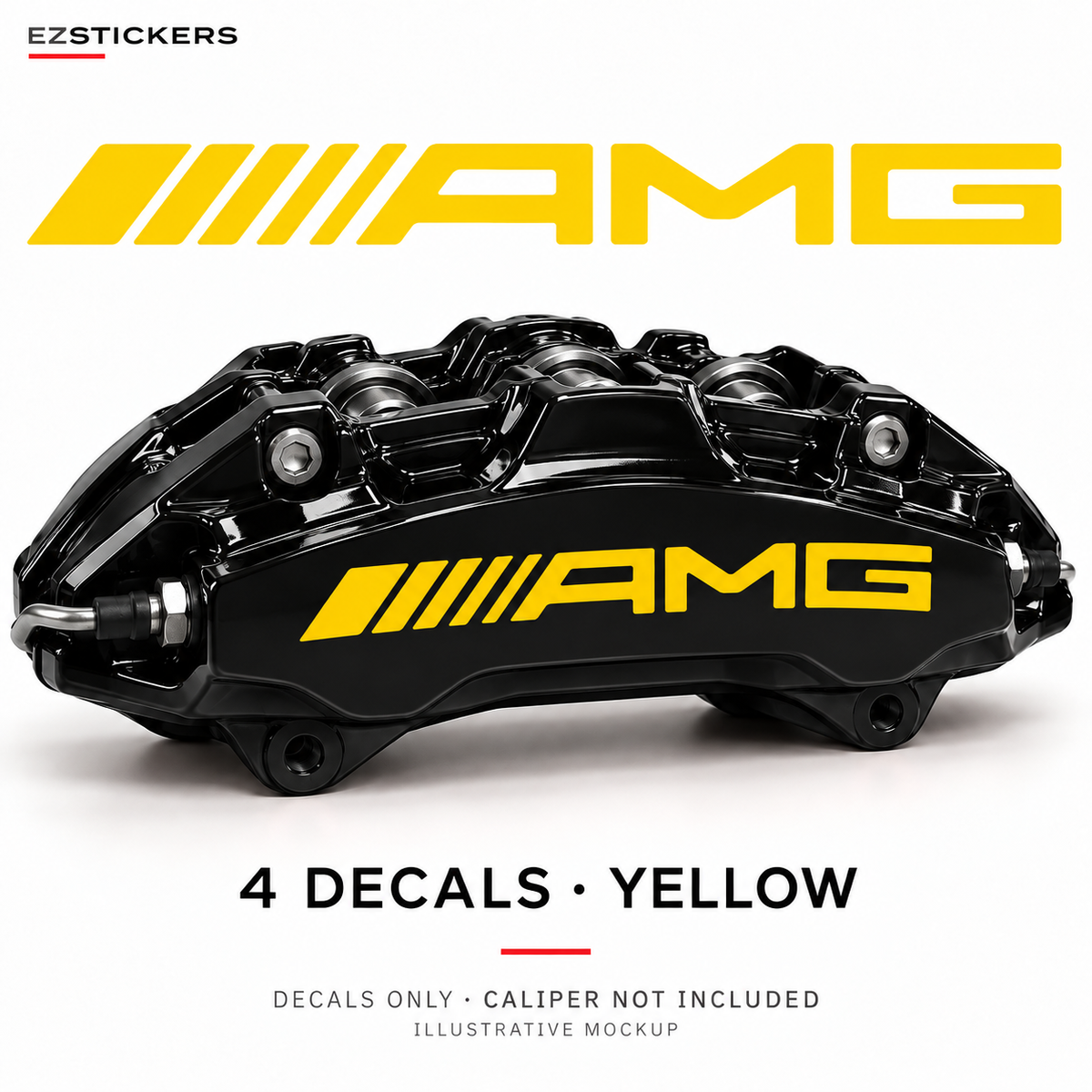 EZSTICKERS illustrative caliper mockup for AMG Curve curved caliper decals — Yellow, showing the referenced manufacturer/model lettering in Yellow; decals only, caliper not included.
