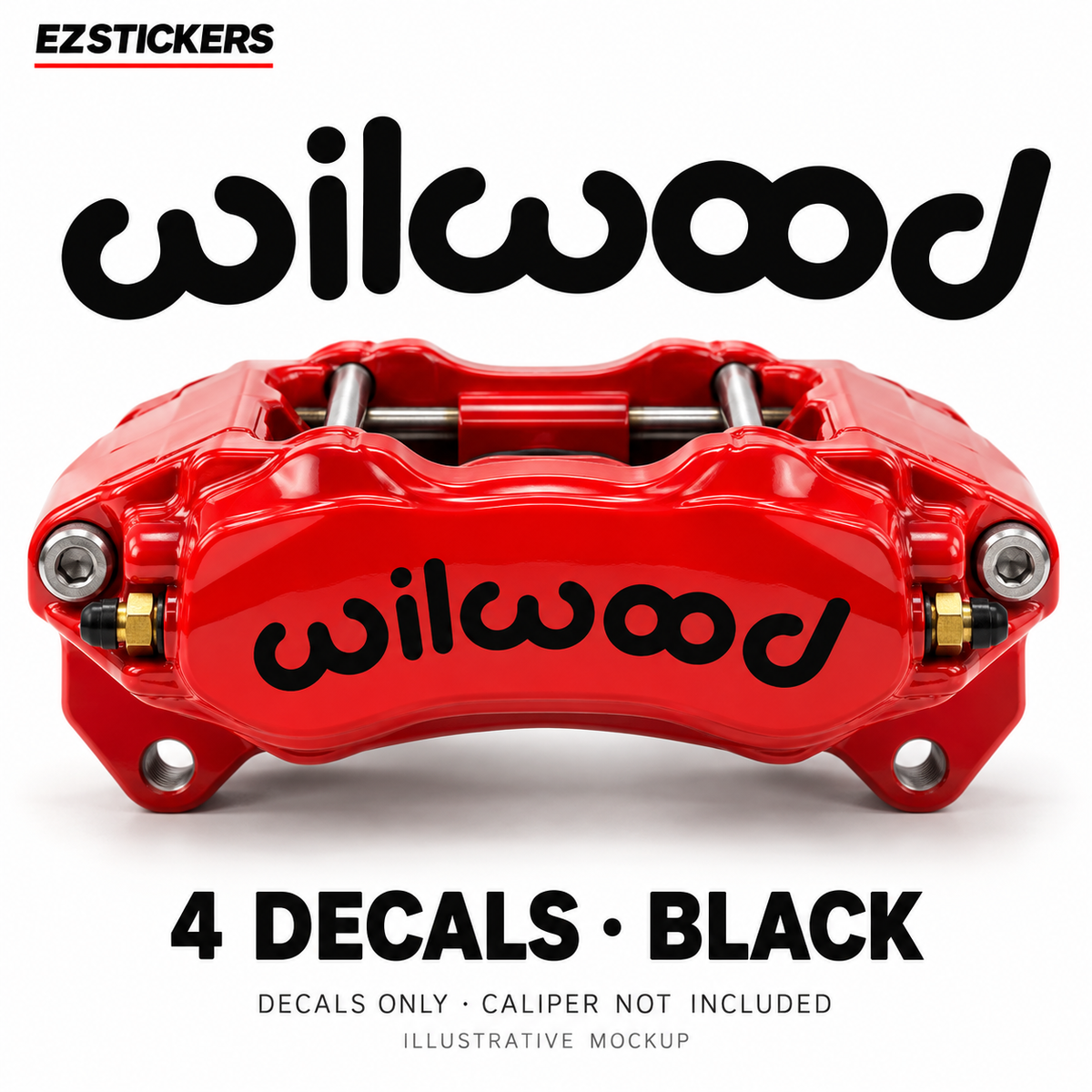 EZSTICKERS illustrative caliper mockup for Wilwood caliper decals — Black, showing referenced manufacturer/model lettering in Black; decals only, caliper not included.
