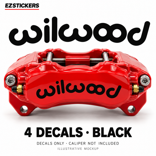 EZSTICKERS illustrative caliper mockup for Wilwood caliper decals — Black, showing referenced manufacturer/model lettering in Black; decals only, caliper not included.