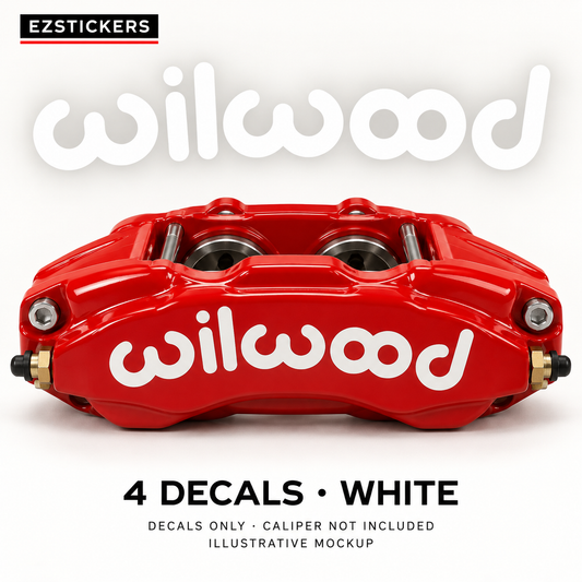 EZSTICKERS illustrative caliper mockup for Wilwood caliper decals — White, showing referenced manufacturer/model lettering in White; decals only, caliper not included.
