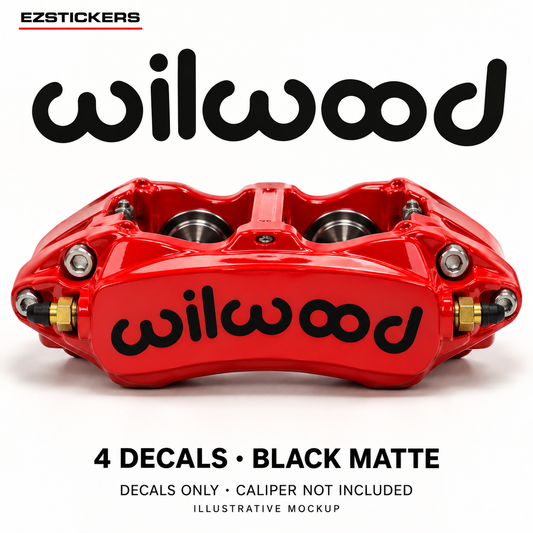 EZSTICKERS illustrative caliper mockup for Wilwood caliper decals — Black Matte, showing referenced manufacturer/model lettering in Black Matte; decals only, caliper not included.