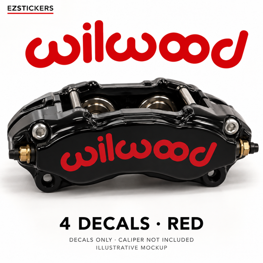 EZSTICKERS illustrative caliper mockup for Wilwood caliper decals — Red, showing referenced manufacturer/model lettering in Red; decals only, caliper not included.