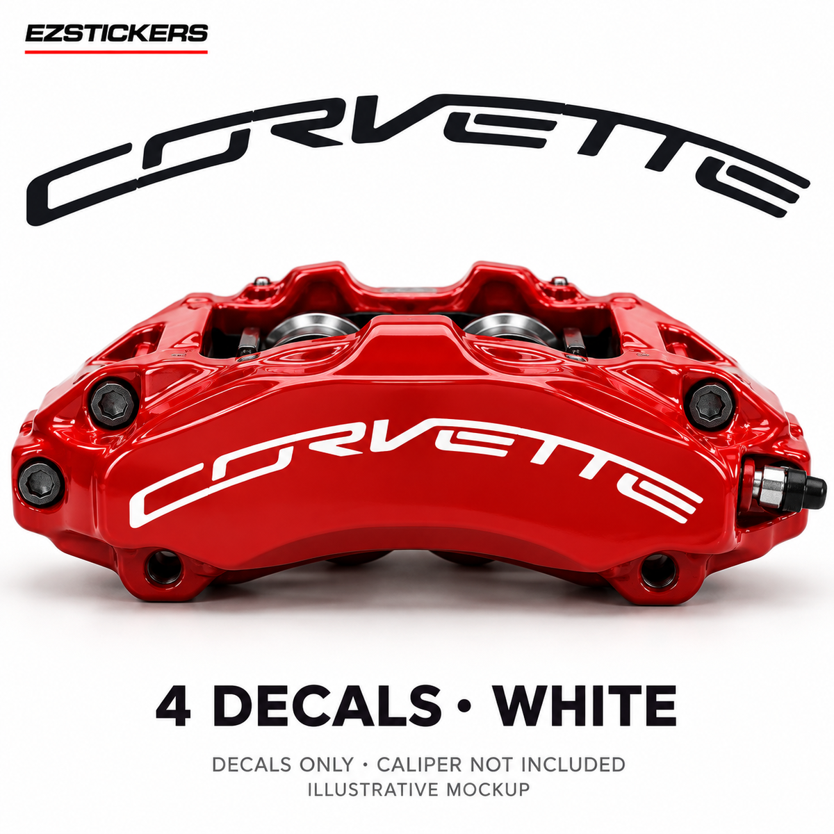 EZSTICKERS illustrative caliper mockup for Corvette ZR1 caliper decals — White, showing referenced manufacturer/model lettering in White; decals only, caliper not included.