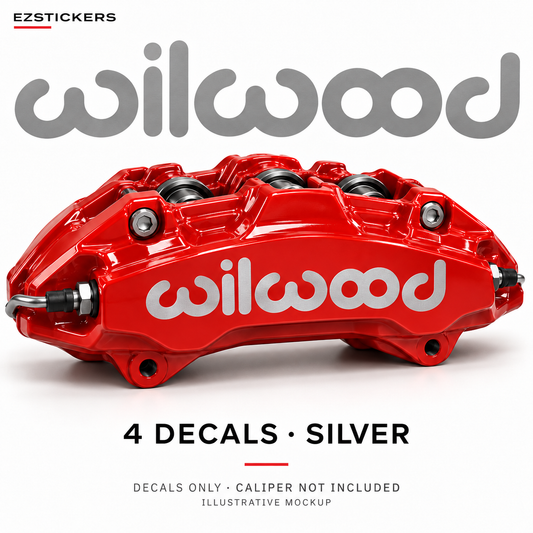EZSTICKERS illustrative caliper mockup for Wilwood caliper decals — Silver, showing referenced manufacturer/model lettering in Silver; decals only, caliper not included.