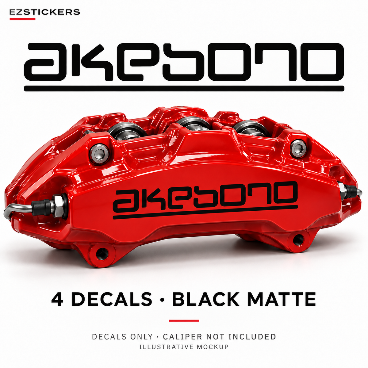 EZSTICKERS illustrative caliper mockup for Akebono caliper decals — Black Matte, showing the referenced manufacturer/model lettering in Black Matte; decals only, caliper not included.