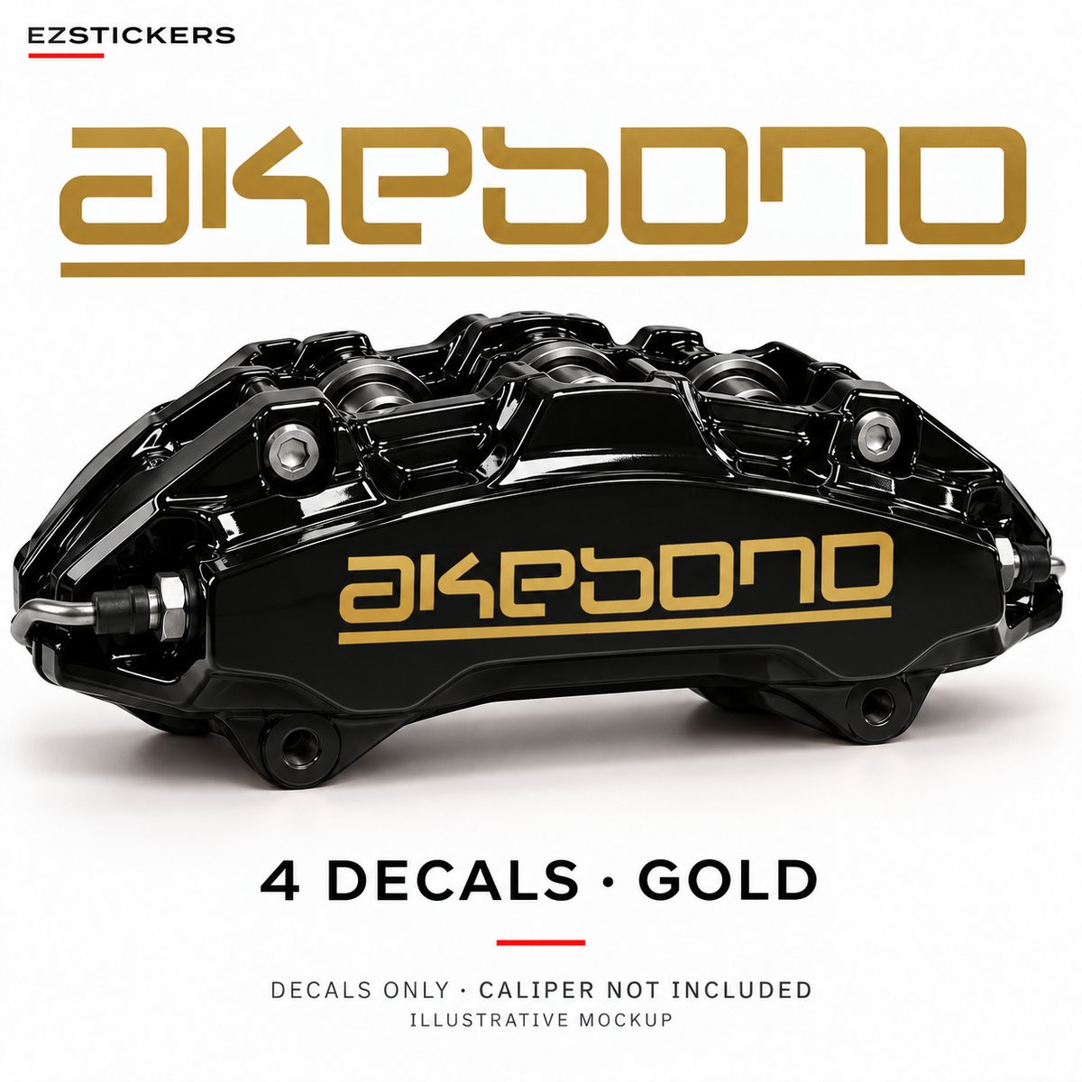 EZSTICKERS illustrative caliper mockup for Akebono caliper decals — Gold, showing the referenced manufacturer/model lettering in Gold; decals only, caliper not included.