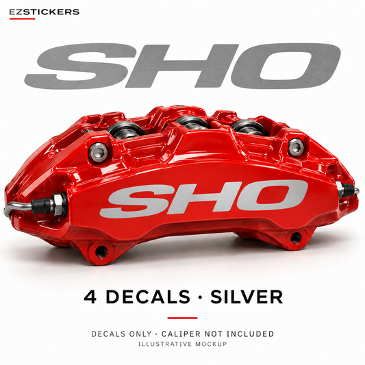 EZSTICKERS illustrative caliper mockup for Ford Taurus SHO caliper decals — Silver, showing referenced manufacturer/model lettering in Silver; decals only, caliper not included.