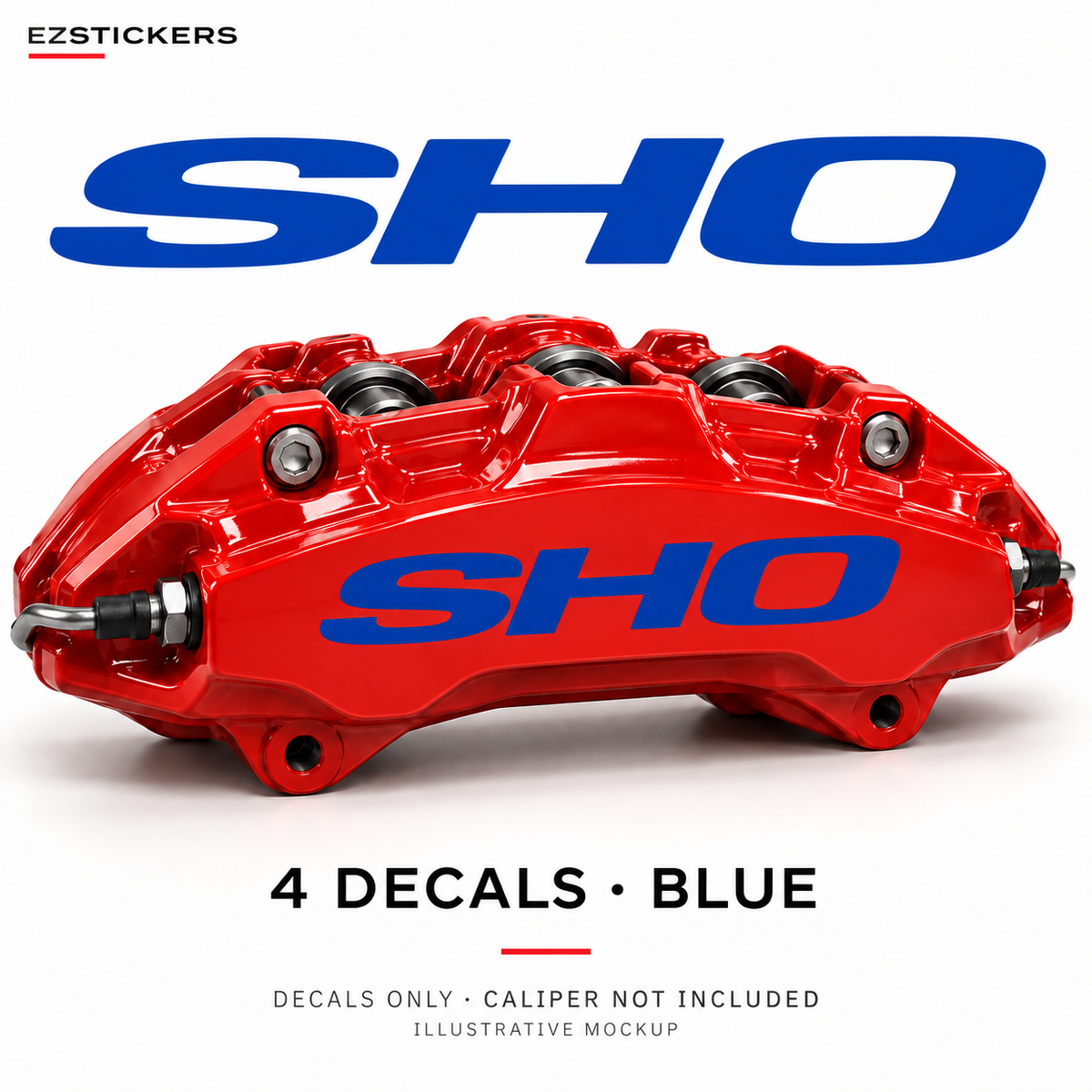 EZSTICKERS illustrative caliper mockup for Ford Taurus SHO caliper decals — Blue, showing referenced manufacturer/model lettering in Blue; decals only, caliper not included.