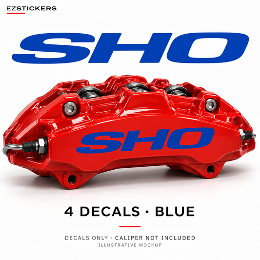 EZSTICKERS illustrative caliper mockup for Ford Taurus SHO caliper decals — Blue, showing referenced manufacturer/model lettering in Blue; decals only, caliper not included.