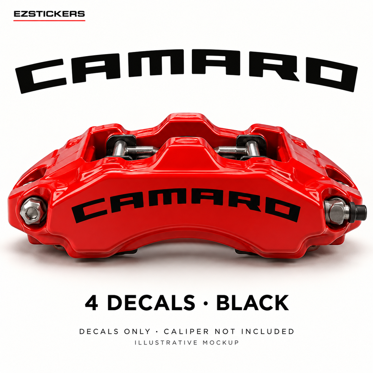EZSTICKERS illustrative caliper mockup for Camaro caliper decals — Black, showing referenced manufacturer/model lettering in Black; decals only, caliper not included.