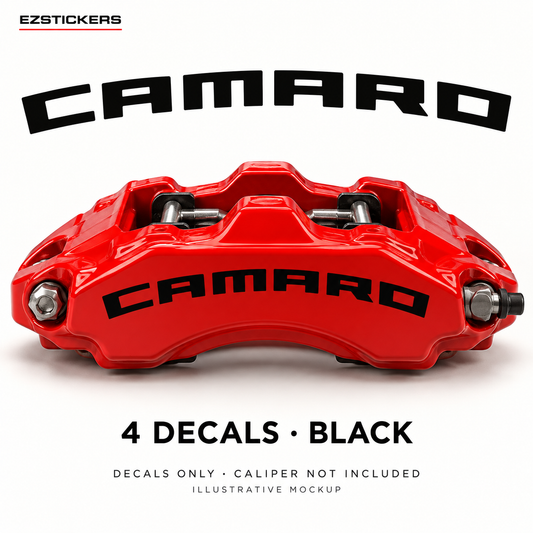 EZSTICKERS illustrative caliper mockup for Camaro caliper decals — Black, showing referenced manufacturer/model lettering in Black; decals only, caliper not included.
