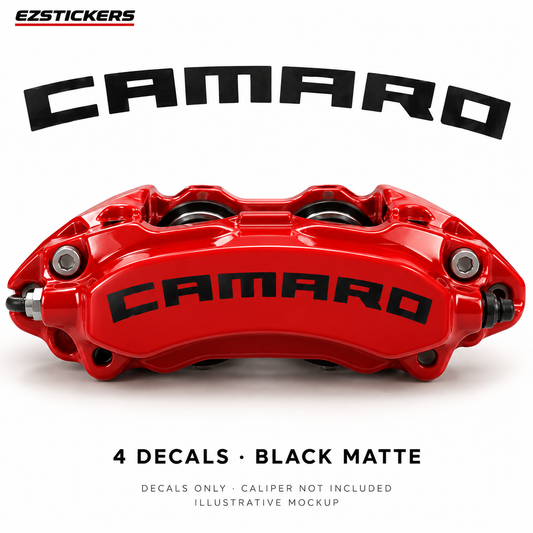 EZSTICKERS illustrative caliper mockup for Camaro caliper decals — Black Matte, showing referenced manufacturer/model lettering in Black Matte; decals only, caliper not included.