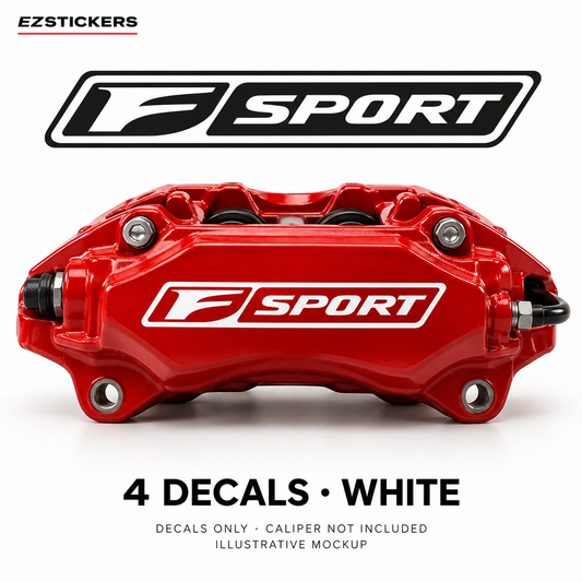 EZSTICKERS illustrative caliper mockup for F Sport caliper decals — White, showing referenced manufacturer/model lettering in White; decals only, caliper not included.