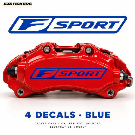 EZSTICKERS illustrative caliper mockup for F Sport caliper decals — Blue, showing referenced manufacturer/model lettering in Blue; decals only, caliper not included.
