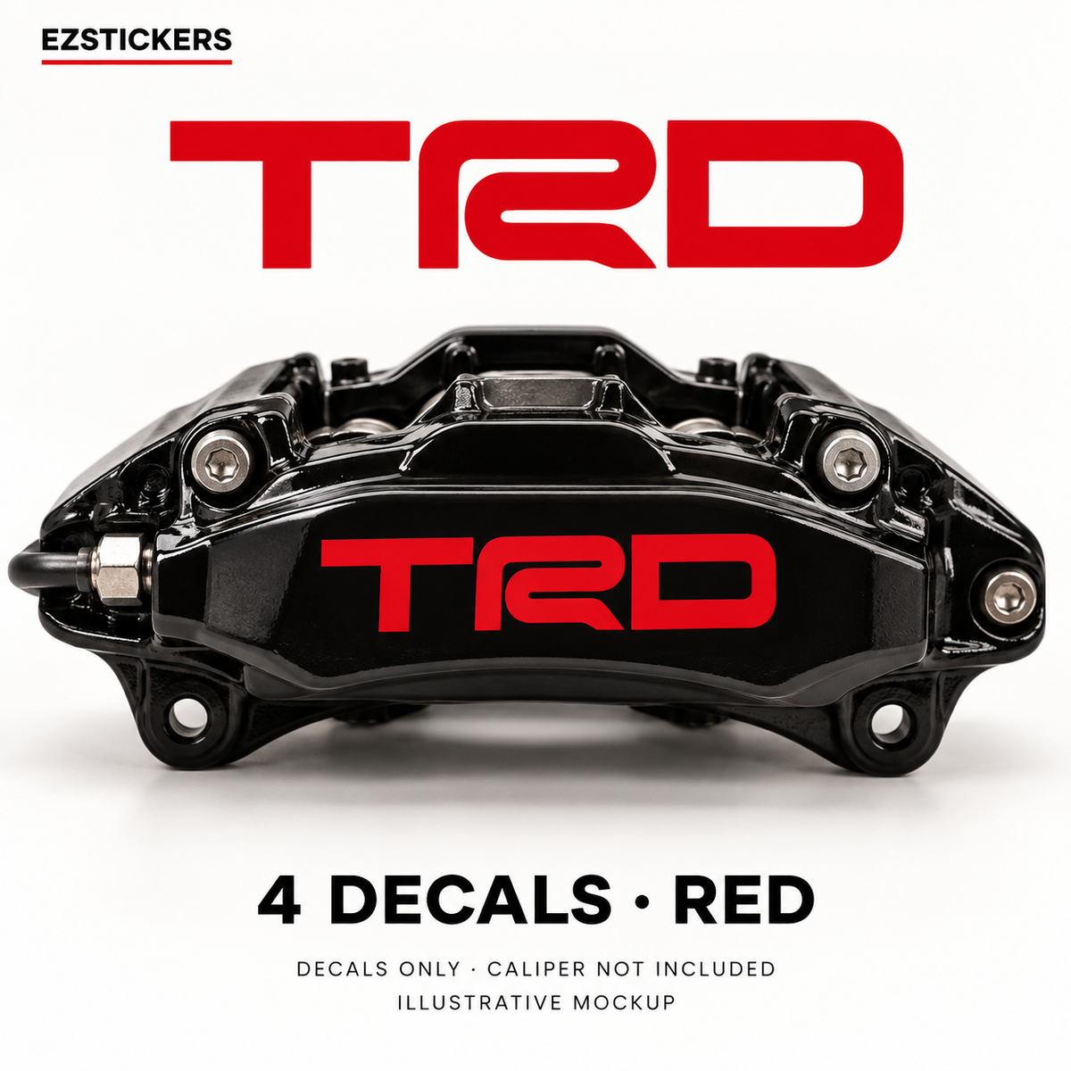EZSTICKERS illustrative caliper mockup for TRD caliper decals — Red, showing referenced manufacturer/model lettering in Red; decals only, caliper not included.