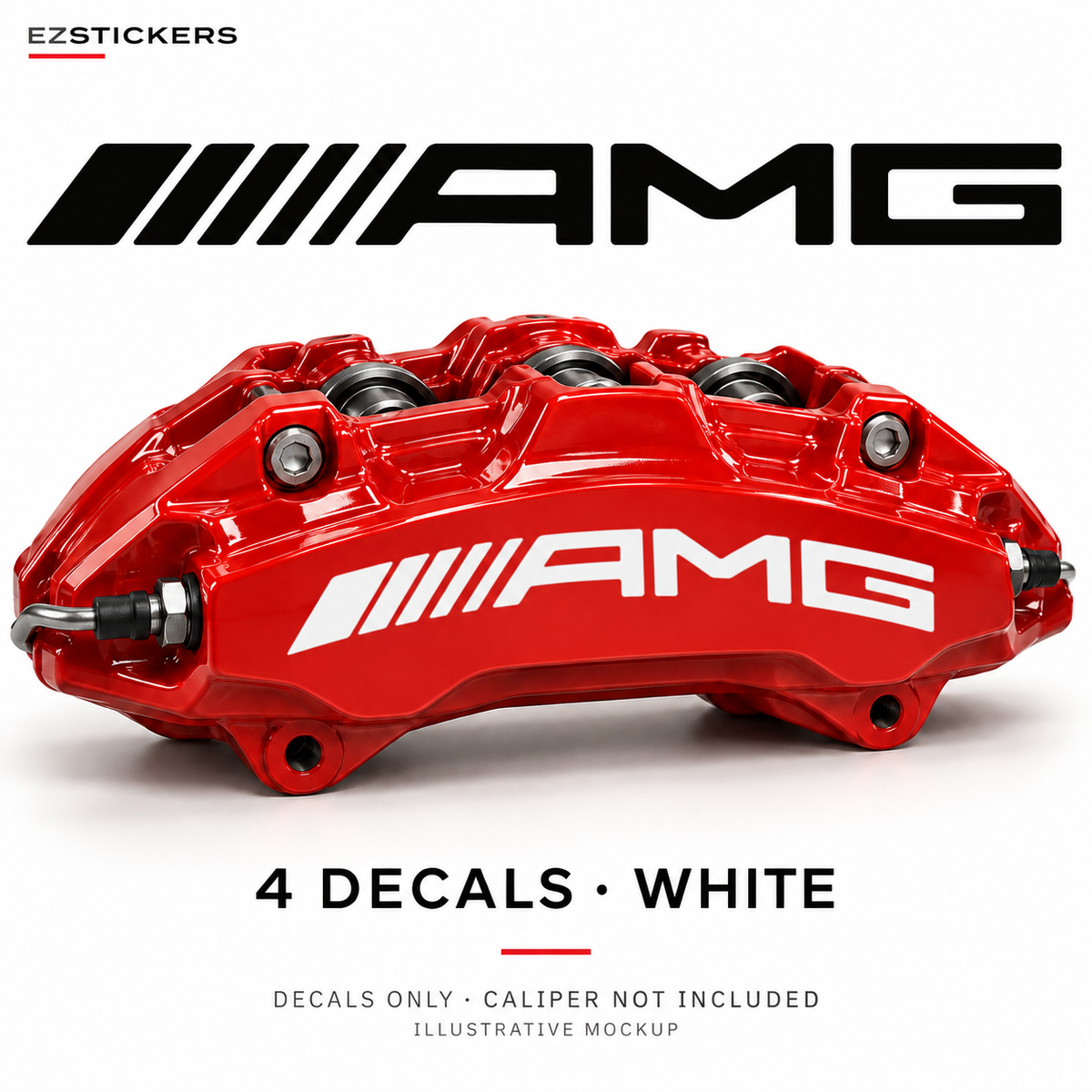 EZSTICKERS illustrative caliper mockup for AMG Curve curved — 6 / 2-piston reference format caliper decals — White, showing the referenced manufacturer/model lettering in White; decals only, caliper not included.