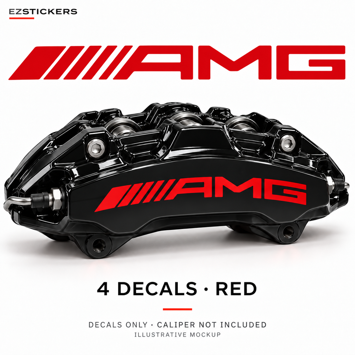 EZSTICKERS illustrative caliper mockup for AMG Curve curved caliper decals — Red, showing the referenced manufacturer/model lettering in Red; decals only, caliper not included.