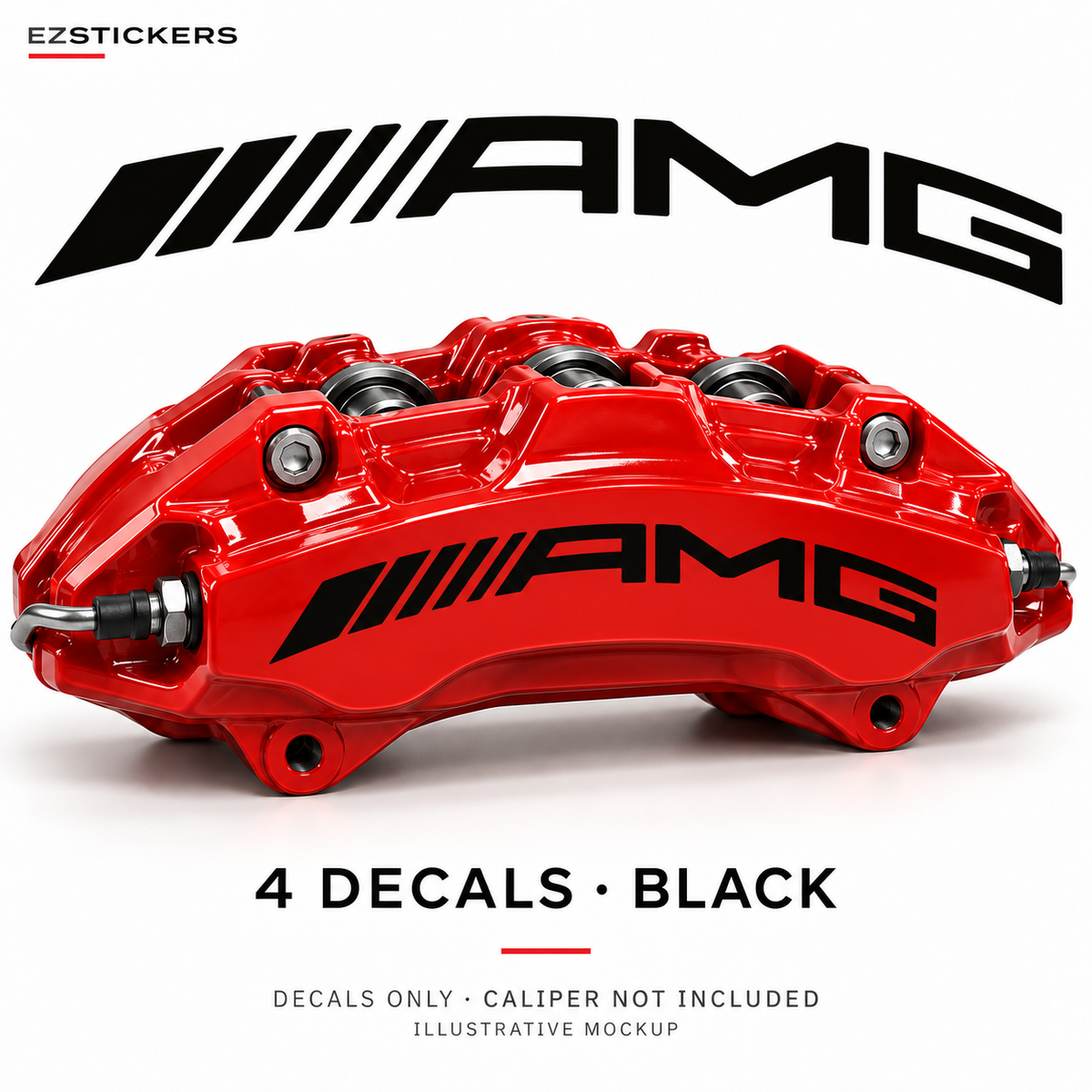 EZSTICKERS illustrative caliper mockup for AMG Curve curved — 6 / 2-piston reference format caliper decals — Black, showing the referenced manufacturer/model lettering in Black; decals only, caliper not included.