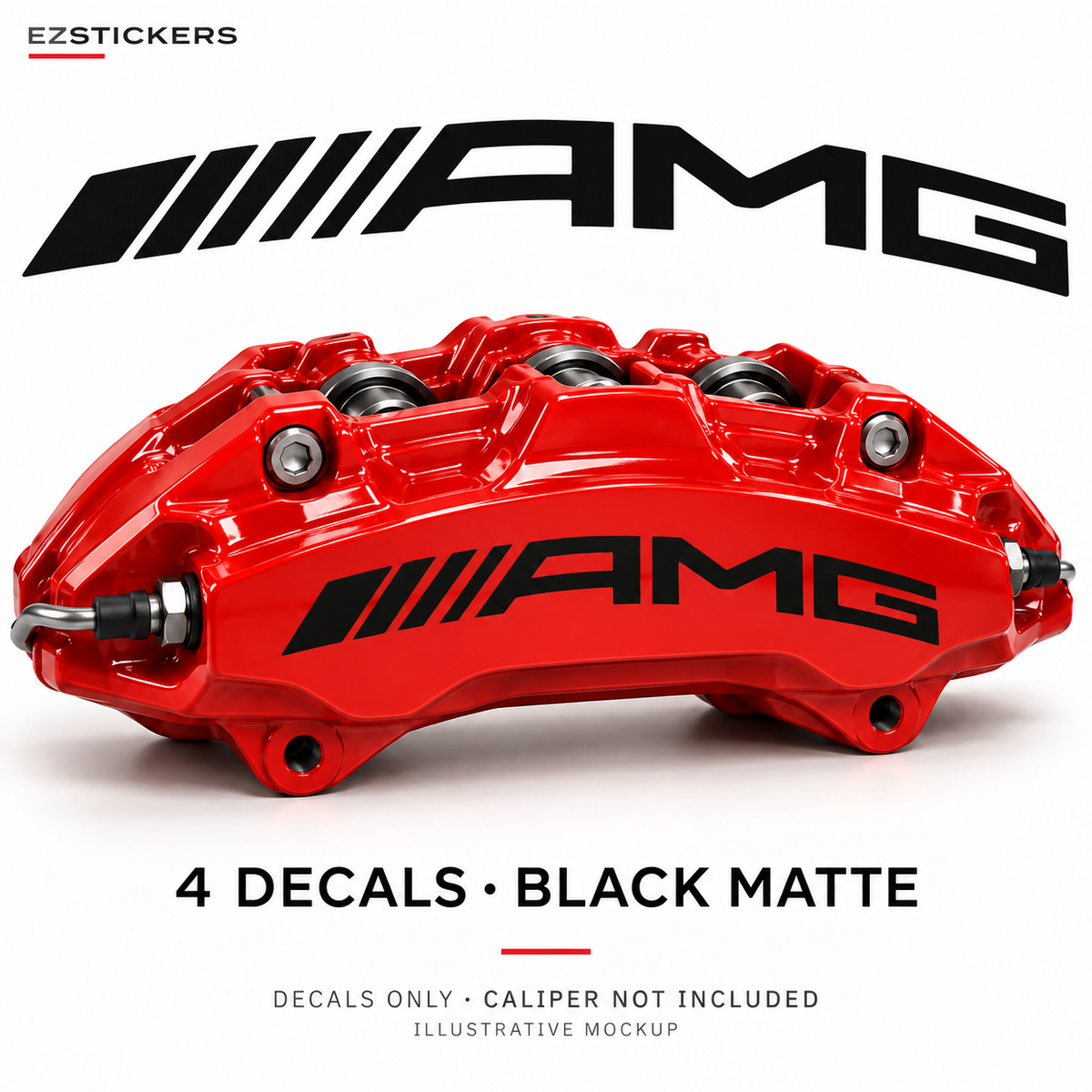 EZSTICKERS illustrative caliper mockup for AMG Curve curved caliper decals — Black Matte, showing the referenced manufacturer/model lettering in Black Matte; decals only, caliper not included.