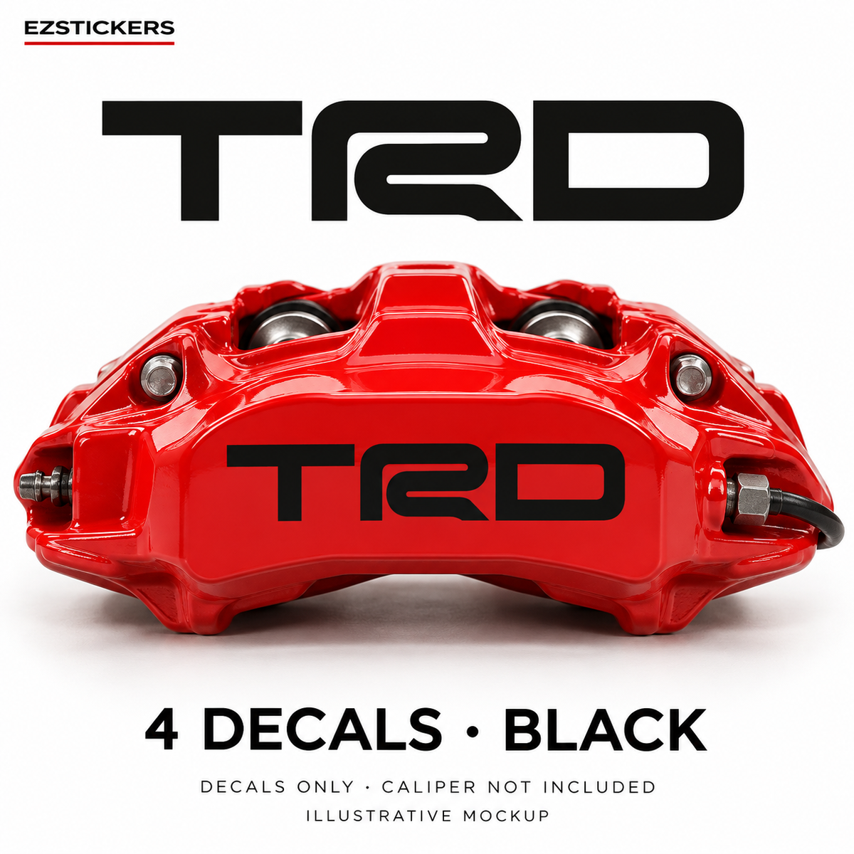 EZSTICKERS illustrative caliper mockup for TRD caliper decals — Black, showing referenced manufacturer/model lettering in Black; decals only, caliper not included.