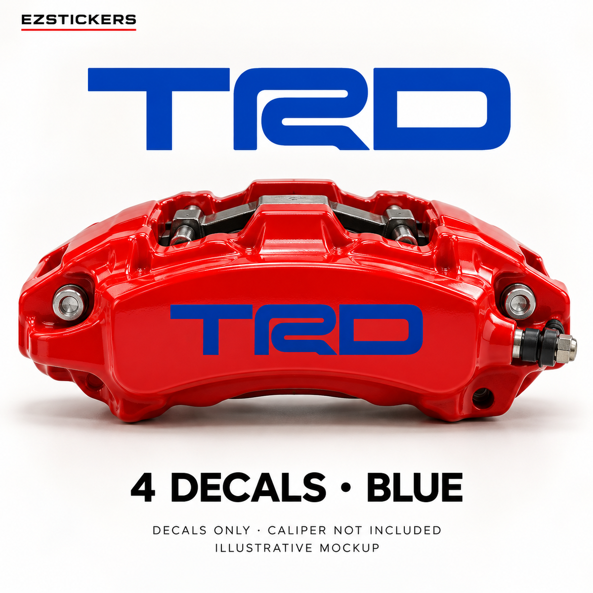 EZSTICKERS illustrative caliper mockup for TRD caliper decals — Blue, showing referenced manufacturer/model lettering in Blue; decals only, caliper not included.