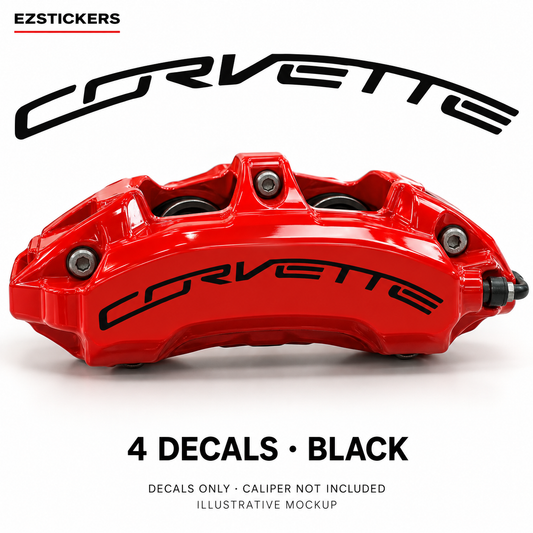 EZSTICKERS illustrative caliper mockup for Corvette ZR1 caliper decals — Black, showing referenced manufacturer/model lettering in Black; decals only, caliper not included.