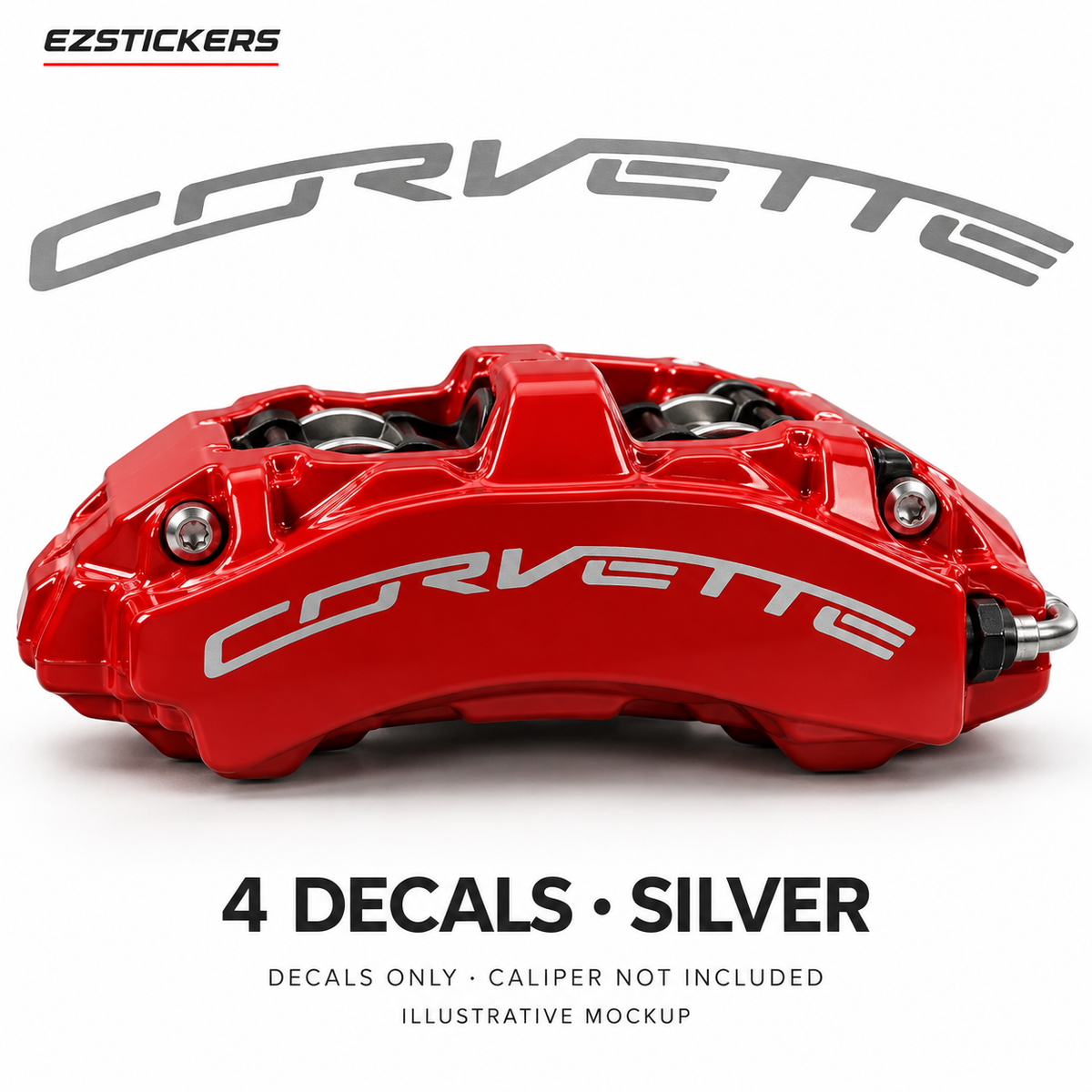 EZSTICKERS illustrative caliper mockup for Corvette ZR1 caliper decals — Silver, showing referenced manufacturer/model lettering in Silver; decals only, caliper not included.