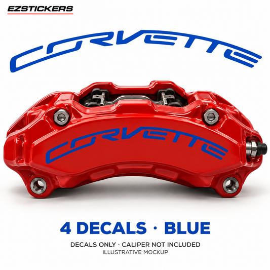 EZSTICKERS illustrative caliper mockup for Corvette ZR1 caliper decals — Blue, showing referenced manufacturer/model lettering in Blue; decals only, caliper not included.