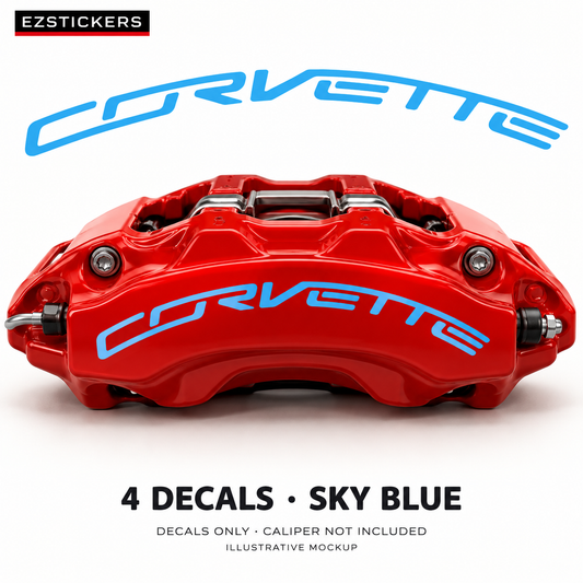 EZSTICKERS illustrative caliper mockup for Corvette ZR1 caliper decals — Sky Blue, showing referenced manufacturer/model lettering in Sky Blue; decals only, caliper not included.
