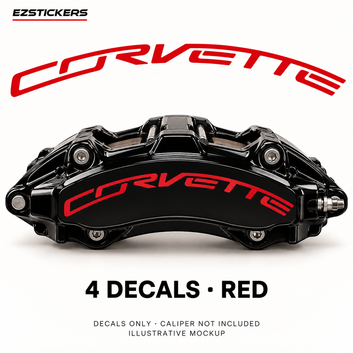 EZSTICKERS illustrative caliper mockup for Corvette ZR1 caliper decals — Red, showing referenced manufacturer/model lettering in Red; decals only, caliper not included.