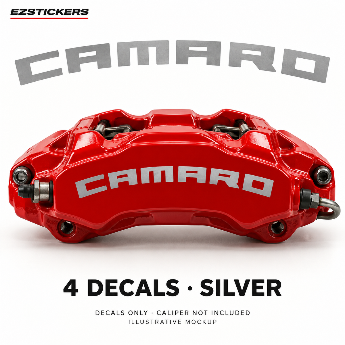 EZSTICKERS illustrative caliper mockup for Camaro caliper decals — Silver, showing referenced manufacturer/model lettering in Silver; decals only, caliper not included.