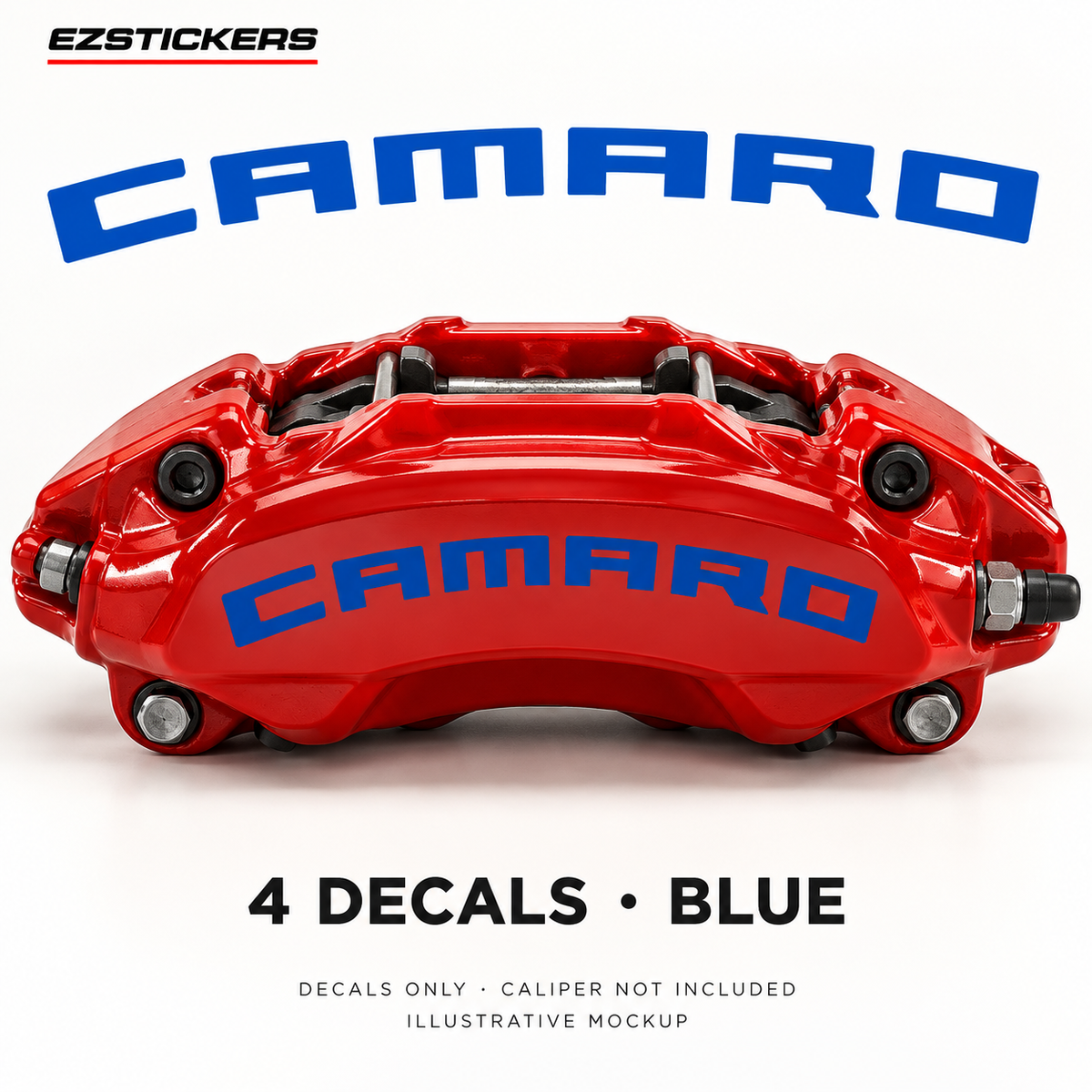 EZSTICKERS illustrative caliper mockup for Camaro caliper decals — Blue, showing referenced manufacturer/model lettering in Blue; decals only, caliper not included.