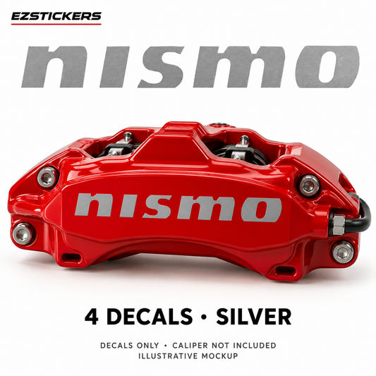 EZSTICKERS illustrative caliper mockup for NISMO caliper decals — Silver, showing referenced manufacturer/model lettering in Silver; decals only, caliper not included.