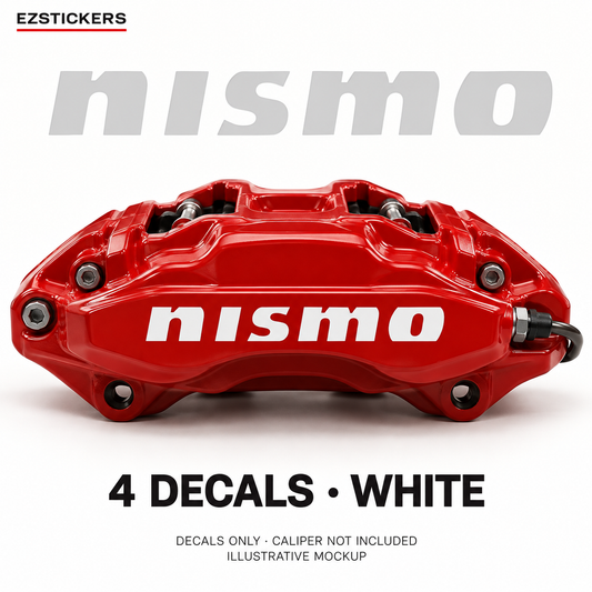 EZSTICKERS illustrative caliper mockup for NISMO caliper decals — White, showing referenced manufacturer/model lettering in White; decals only, caliper not included.