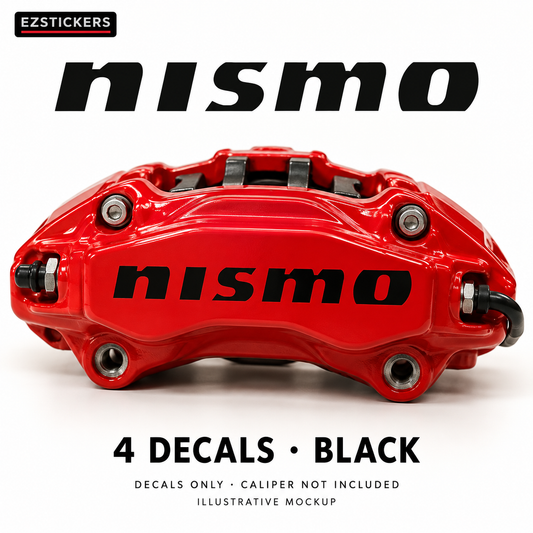 EZSTICKERS illustrative caliper mockup for NISMO caliper decals — Black, showing referenced manufacturer/model lettering in Black; decals only, caliper not included.