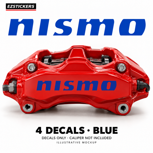 EZSTICKERS illustrative caliper mockup for NISMO caliper decals — Blue, showing referenced manufacturer/model lettering in Blue; decals only, caliper not included.