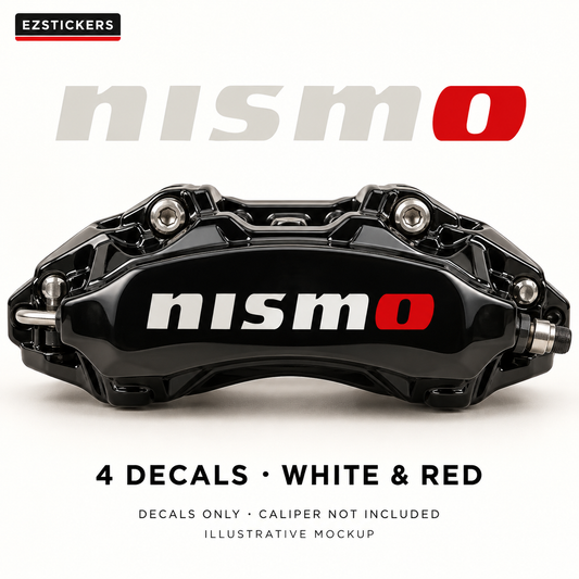 EZSTICKERS illustrative caliper mockup for NISMO caliper decals — White & Red, showing referenced manufacturer/model lettering in White & Red; decals only, caliper not included.