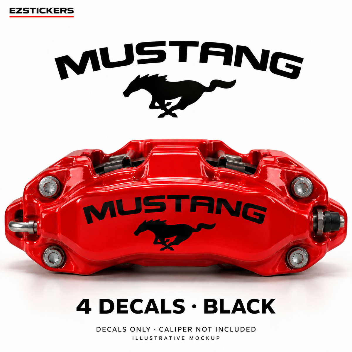 EZSTICKERS illustrative caliper mockup for Mustang pony caliper decals — Black, showing referenced manufacturer/model lettering in Black; decals only, caliper not included.