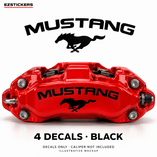 EZSTICKERS illustrative caliper mockup for Mustang pony caliper decals — Black, showing referenced manufacturer/model lettering in Black; decals only, caliper not included.