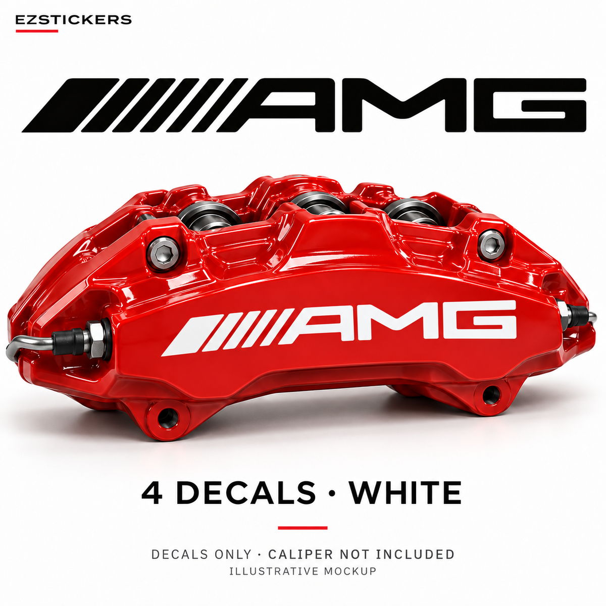 EZSTICKERS illustrative caliper mockup for AMG Curve curved — 4.5 / 5-inch reference format caliper decals — White, showing the referenced manufacturer/model lettering in White; decals only, caliper not included.