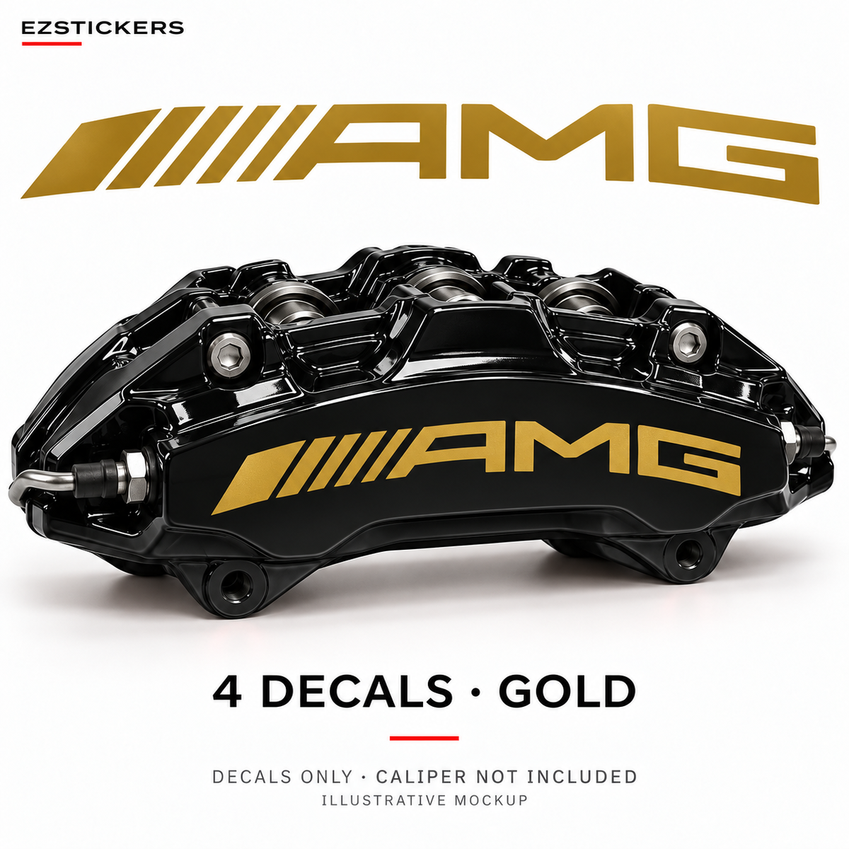 EZSTICKERS illustrative caliper mockup for AMG Curve curved caliper decals — Gold, showing the referenced manufacturer/model lettering in Gold; decals only, caliper not included.