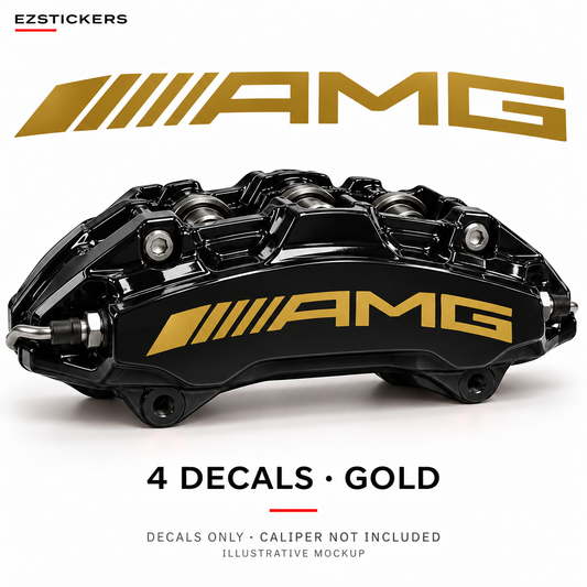 EZSTICKERS illustrative caliper mockup for AMG Curve curved caliper decals — Gold, showing the referenced manufacturer/model lettering in Gold; decals only, caliper not included.