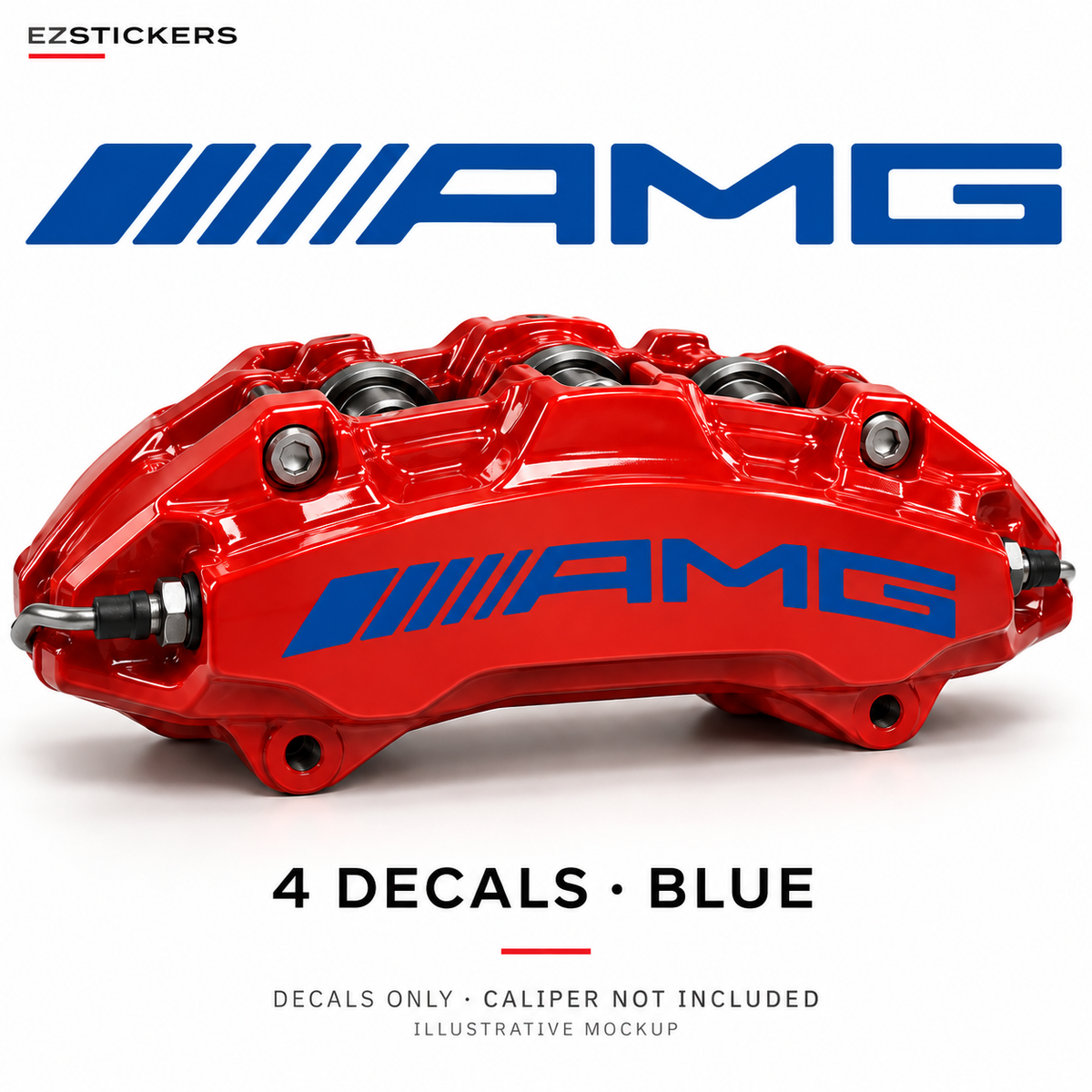 EZSTICKERS illustrative caliper mockup for AMG Curve curved caliper decals — Blue, showing the referenced manufacturer/model lettering in Blue; decals only, caliper not included.